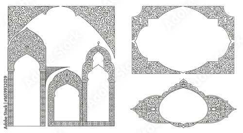 Intricate islamic arch designs with ornamental frames in black and white