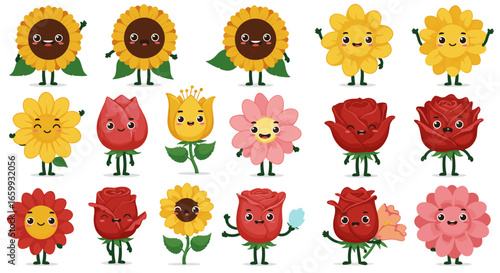 Cute cartoon flower characters with happy faces and leaf arms