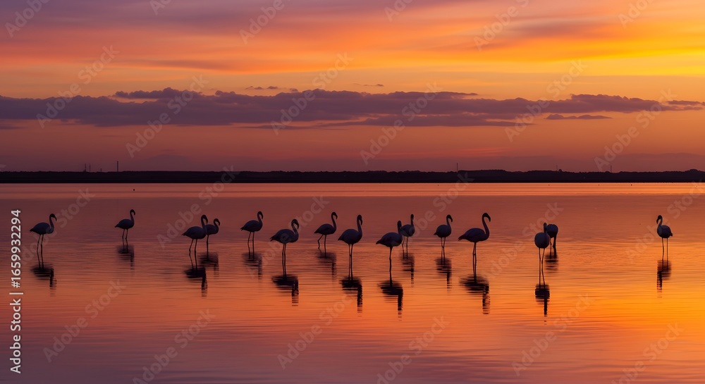 Naklejka premium Flock flamingos sunset lake