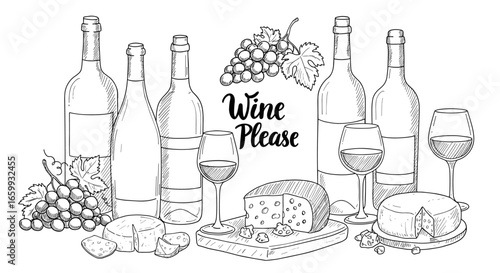 Elegant wine setup with cheese and grapes sketch
