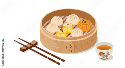Isometric dim sum and tea set with bamboo steamer