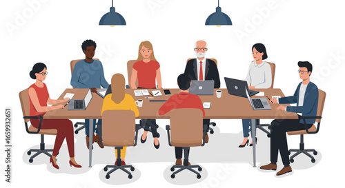 Diverse team meeting around large conference table with laptops