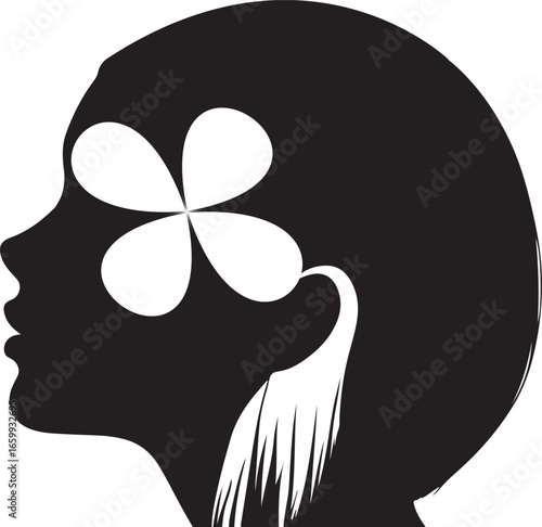 Black silhouette of a woman's profile with a white flower in her mind head face