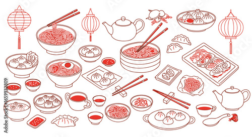 Traditional asian cuisine outlined icons with red accents showcasing bowls, dumplings, and teapots