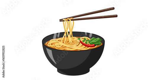Hot noodle bowl with chopsticks and fresh vegetables on white background