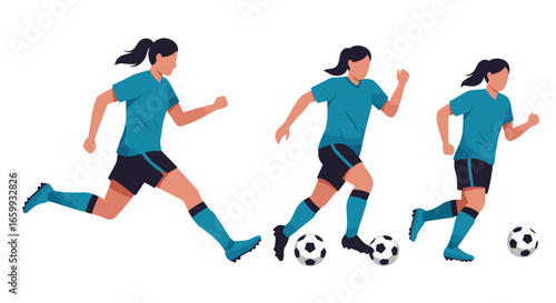 Dynamic female soccer player in motion with ball, blue sportswear, flat style