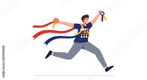Enthusiastic winner running with awards and medals celebrating victory