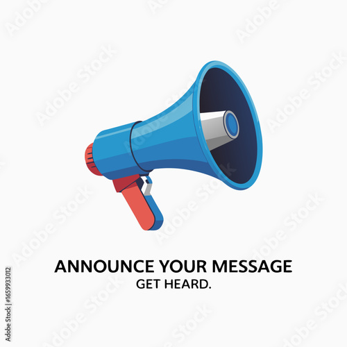 A vibrant blue and red megaphone with a sleek modern vector design featuring a prominent bell and handle.