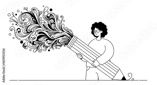 Creative mindset concept with doodling pattern emerging from giant pencil in black and white