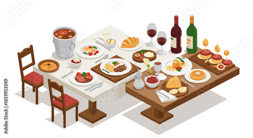 Elegant isometric dining table with diverse international cuisine and wine selection