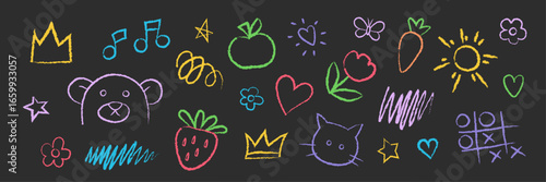 Colorful kindergarten chalk elements. Crayon textured doodles of animals, fruits, hearts, stars. Cute kids drawing set on black background. 