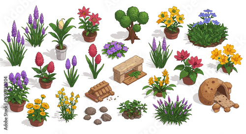 Colorful potted plants and garden elements set for botanical design projects