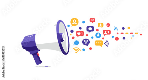Colorful megaphone with social media icons for digital marketing and communication