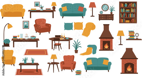 Cozy living room elements with furniture and decoration in flat design