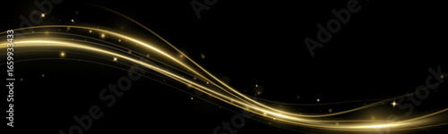Golden curved light line.Confetti sparkles in a wave. Sparkling magical dust particles.golden stars shine with special light. Magical shining gold dust.