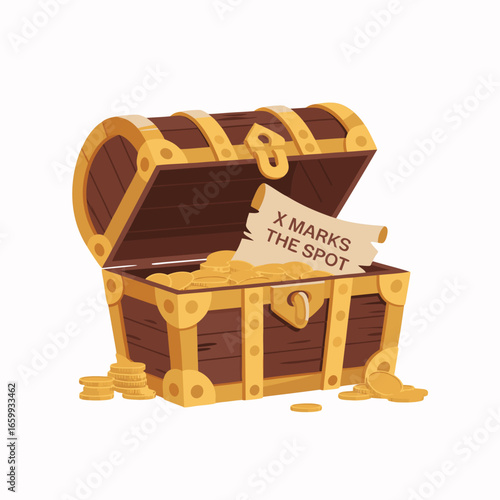 Open Treasure Chest Filled with Gold Coins and X Marks the Spot Map.