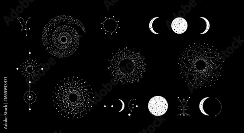 Celestial minimalist dots and lines: zodiac symbols and lunar phases on black background