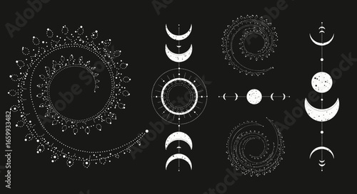 Mystical celestial symbols on dark background for spiritual designs