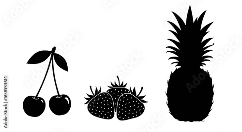 Bold fruit silhouettes: cherry, strawberry, pineapple on white background