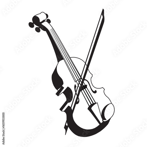 A classical stringed violin and bow are isolated on a white background line art vector
