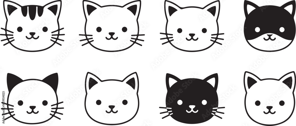 Fototapeta premium Collection of Cute Cartoon Cat Faces in Black and White kitten feline