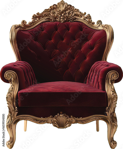Lavish Red Velvet Armchair with Gold Gilt Trim Isolated on White furniture