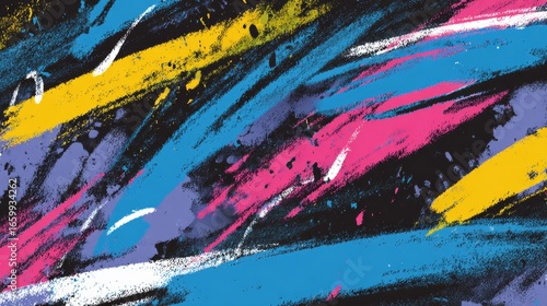 Colorful graffiti pattern in neon blue, pink, yellow, and black with bold strokes and glowing urban 80s street art style, vibrant funky design for digital backgrounds and creative banners