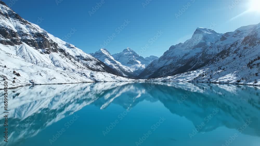 custom made wallpaper toronto digitalA stunning winter landscape featuring snow-capped mountains reflected in a clear blue lake under a bright sky.