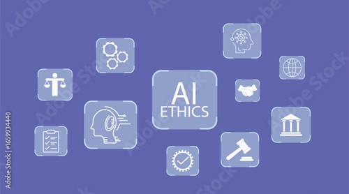 A conceptual illustration exploring the multifaceted domain of AI ethics, featuring key principles like fairness, law, transparency, and global governance.