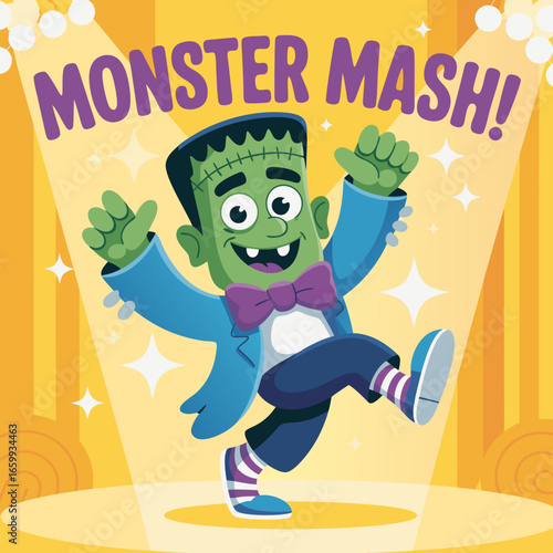 Whimsical Green Monster Character Dancing Joyfully with Purple Bowtie.