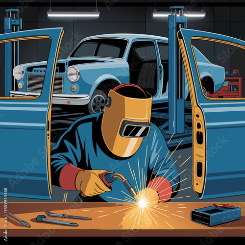 Welder with Protective Gear Repairing a Car with Welding Torch in a Garage.