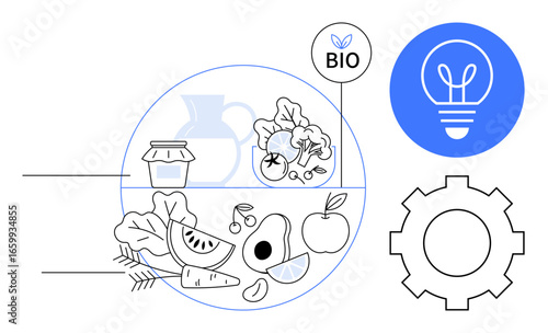 Organic fruits, vegetables, and grains with bio label, light bulb for eco ideas, and gear for sustainability. Ideal for healthy lifestyle, biodiversity, renewable energy, eco-consciousness food