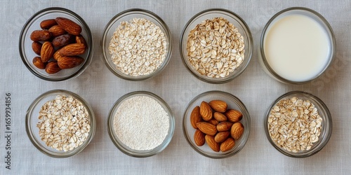 A visually appealing arrangement of ingredients, including almonds, oats, and milk, presented in small glass bowls on a textured surface.