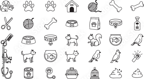 Set of pet care icons and illustrations in simple line art style animal bird