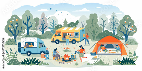 Camping Adventure with Food Trucks and Friends in a Forest Setting