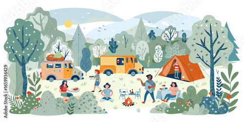 Group of friends camping in the forest with vans and tent
