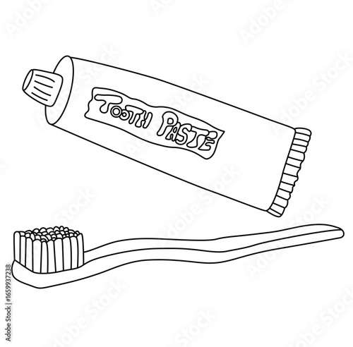 Cute cartoon hand drawn vector tooth brush and tooth paste outline.