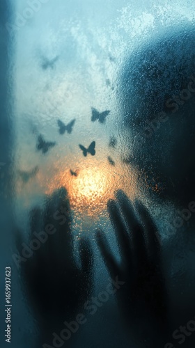 Close-up view of hands on a misty window, with butterflies fluttering in front of a glowing sunset