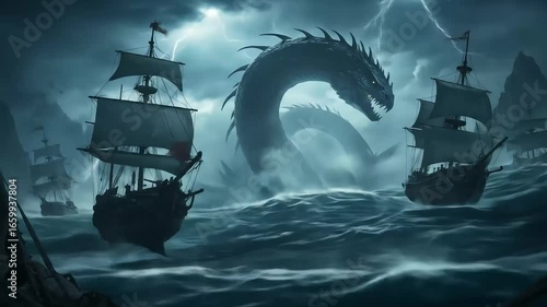 Epic Sea Serpent Rising Amidst Storm Tossed Ships