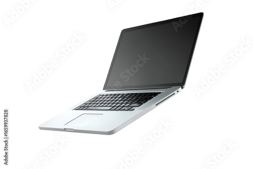 Sleek silver laptop floating against a black background with an open, blank screen
