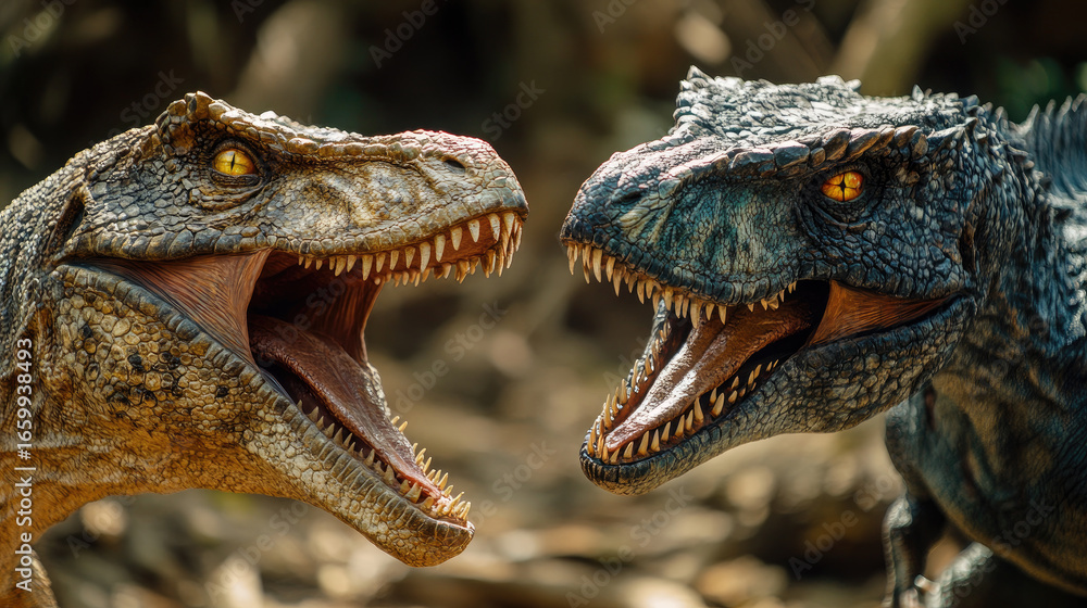 Fototapeta premium Dramatic battle between two fierce dinosaurs in prehistoric landscape, showcasing power, aggression, and survival in the ancient world