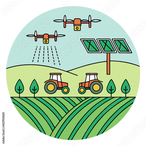 Smart farming innovation with drones, tractors, and solar power enhances agricultural efficiency and sustainability