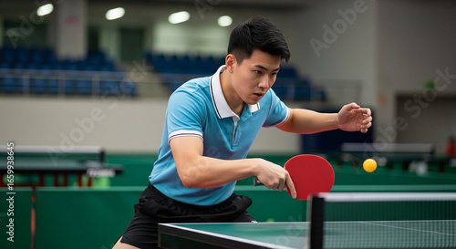 Fototapeta Naklejka Na Ścianę i Meble -  Focused young Asian man playing table tennis, capturing a dynamic moment of competition and skill in an indoor sports arena
