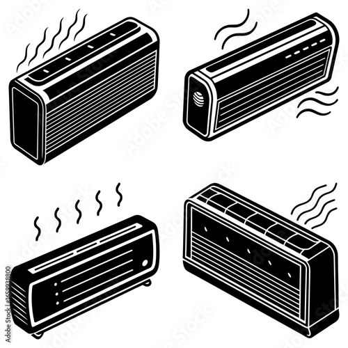 Isometric illustration of four black and white portable heaters with heat waves emanating from them