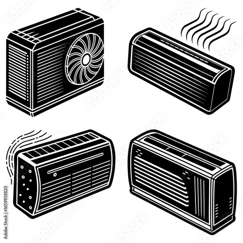 Isometric view of four air conditioning units with varying designs in black and white style drawing