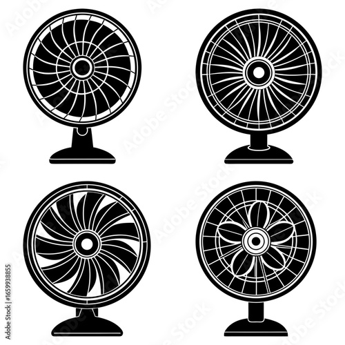 Four black and white illustrations of electric fans with different blade designs on a white background