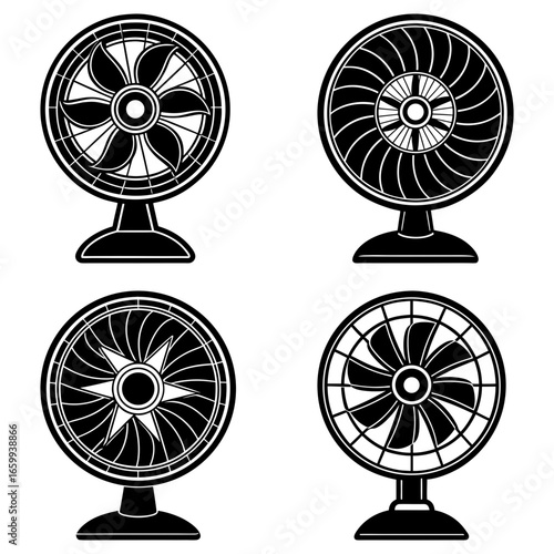 Illustration of four black and white table fans with different blade designs on a white background