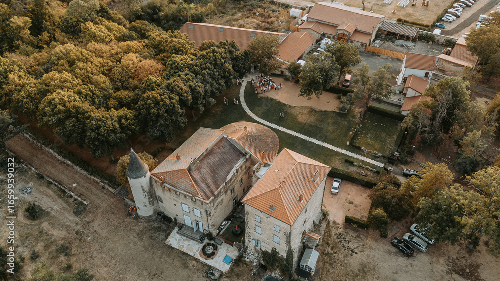 Fototapeta premium Vue aérienne par drone d'un chateau historique entouré d'une forêt