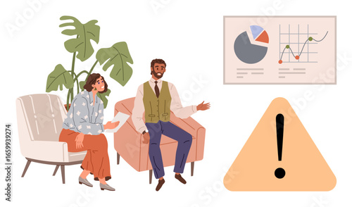 Two colleagues seated, analyzing charts, warning sign, and data trends on screen. Ideal for teamwork, business risk, analytics, strategy, caution communication simple flat metaphor
