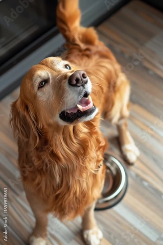 Hungry golden retriever dog waiting to be fed in kitchen on morning. Pets care